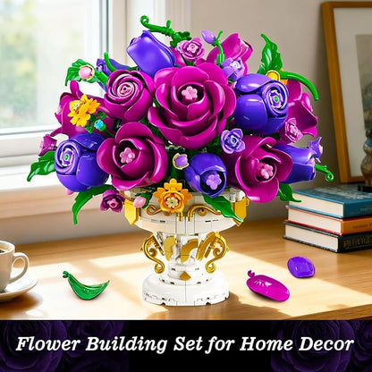 Purple Rose Flower Building Set with Vase, 969 PCS Botanicals Flowers Bouquet Building Block Kit, 18 Rose Bonsai Plant Collection Home Decor, Birthday Gift for Adults Women Boys Girls 12+