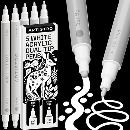 ARTISTRO 5 White Acrylic Paint Markers for Rock, Fabric, Wood, Glass, Craft, Decoration - Dual-Tip Paint Pens - Stocking Stuffers, Christmas Gift Idea for Teens, Grandkids, Kids - Art Supplies