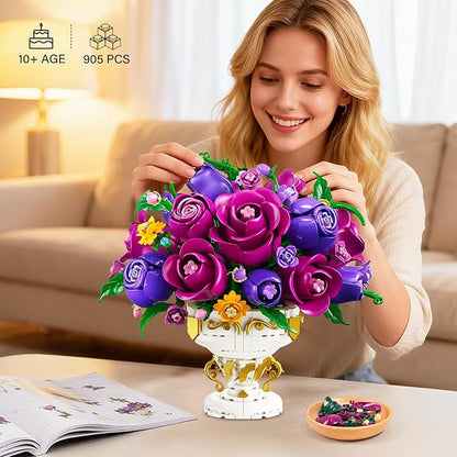 Purple Rose Flower Building Set with Vase, 969 PCS Botanicals Flowers Bouquet Building Block Kit, 18 Rose Bonsai Plant Collection Home Decor, Birthday Gift for Adults Women Boys Girls 12+