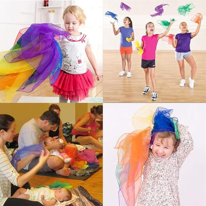 Dance Scarves for Kids 12 Pcs Music Scarves Dance Scarf Play Scarves for Children Movement Square Juggling Silk Tricks Scarves Rhythm Band Scarves(6 Colors,24" x 24")
