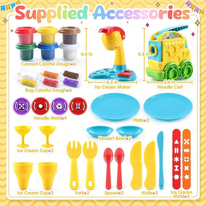 PLAY 2 in 1 Color Dough Kitchen Creations Set, Ice Cream Noodle Maker Color Dough Sets for Kids Ages 4-8, Kitchen Food Toys for Boys Girls Kids Toddlers Ages 3+, with 18 oz Multicolor Clay