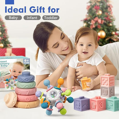 SpringFlower 3 in 1 Montessori Toys for Babies 0-3-6-12 Months, Rattle Teether & Baby Blocks & Soft Stacking Rings, Sensory Developmental Education Toys,Gift for Toddler Baby 0-3-6-12-18 Months