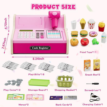 Wooden Cash Register for Kids with Real Calculator, Rechargeable Cash Register Toy with Scanner/Play Money/Food/Credit Card/Menu, Pretend Play Toys Gifts for Boys Girls Ages 3-8,Color