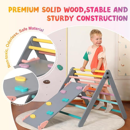 Pikler Triangle Set with Cushion Large, 5 in 1 Toddler Climbing Toys Indoor, Montessori Foldable Climbing Set for Kids, Wooden Playground Jungle Gym with Ramp, Arch and Ladder(Color-A)