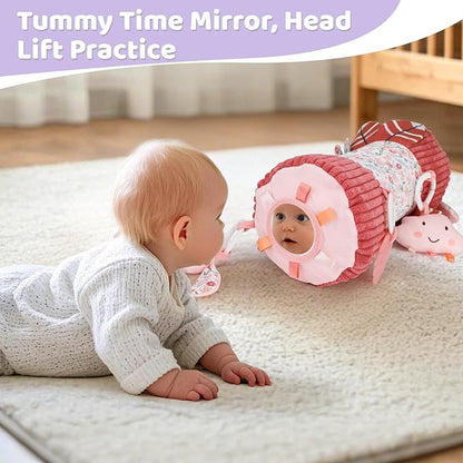vocheer Tummy Time Pillow with Detachable Sensory Toys for Babies,Inflatable Design,Pink Rabbit, Baby Girl Toys 3-6 Months with Tummy Time Mirror, Rattles, Teether, Baby Girl Gifts