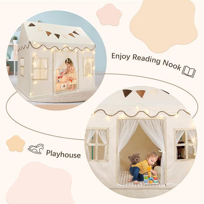 Kids Play Tent, Toddlers Large Playhouse with Star String, Flag, Machine Washable, Indoor and Outdoor Play Tent for Kids, Girls & Boy Aged 3+, 50" x 34" x 51", Cream