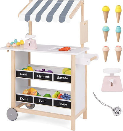 HONEY JOY Kids Ice Cream Cart, Wooden Grocery Store Playset w/6 Pieces Play Food, Realistic Bell & Food Scale, Chalkboard, Pretend Play Dessert Shop Counter Stand Truck, Gift for Boys Girls