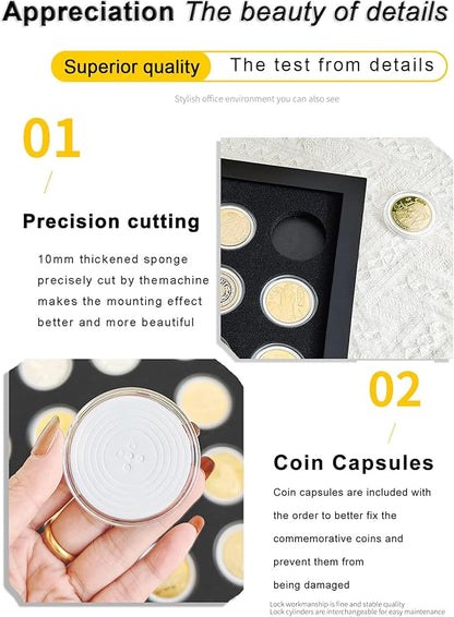Challenge Coin Display Shadow Box,Military Coin Holder,Challenge Coin Holder Display,Casino Chip Display Case Cabinet Holder, Wood Frame, Tempered Glass Panel,with 24 Coin Capsules,Black Finish.