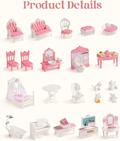 ROBUD Dollhouse Furniture, Pink Doll House Accessories and Furniture for Dining Room, Bathroom, Bedroomn,Living Room, Dollhouse Accessories Pretend Play Furniture Toys for Kids, WDHXX