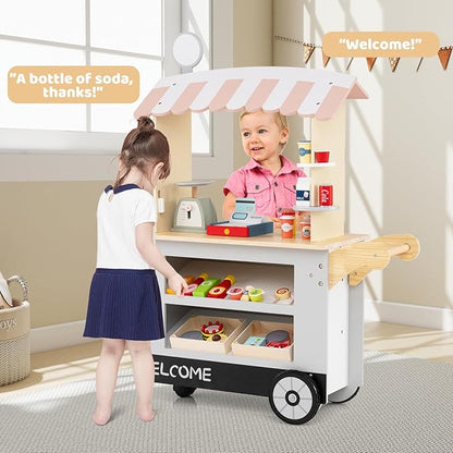HONEY JOY Kids Food Cart, 30-Piece Toddler Pretend Play Grocery Store Playset w/Cash Register & Scale, Wooden Dessert Shop Play Market, Children Beverage Stand Cart w/Wheels, Gift for Boys Girls