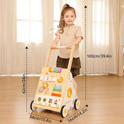 Wooden Baby Walker Push Toy for Infants 1-3 Years Learning to Walk, Adjustable Speed Activity Walker with Montessori Toys, First Birthday Gift for Boys & Girls