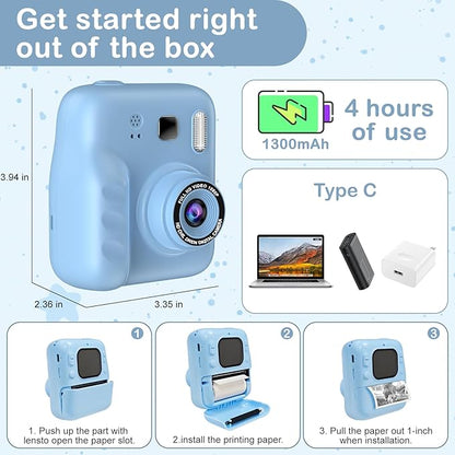 Kids Instant Print Camera, 1080P HD Kids Camera Instant Print, Includes 32GB SD Card, Adapter & 4 Zink Paper Rolls, Best Christmas or Birthday Gift for Girls Boys Age 3-12（Blue）