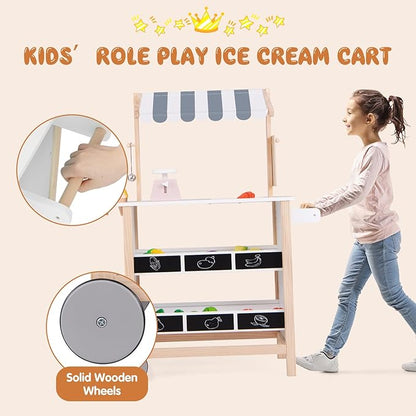 HONEY JOY Kids Ice Cream Cart, Wooden Grocery Store Playset w/6 Pieces Play Food, Realistic Bell & Food Scale, Chalkboard, Pretend Play Dessert Shop Counter Stand Truck, Gift for Boys Girls