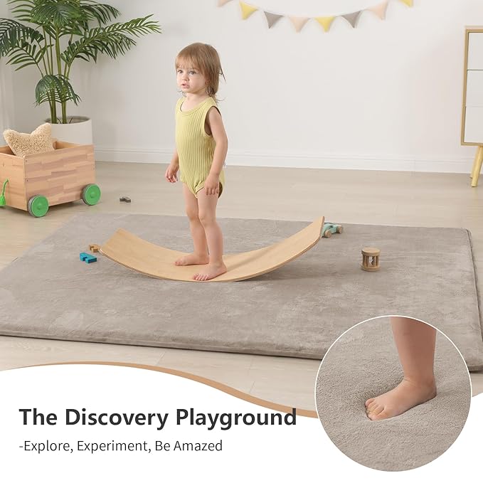 Baby Play Mat for Floor,Extra Large 79"×118" Tummy Time Mat,Thicker Memory Foam Mats for Toddler,Infant,Kids,Water Repellent Ultra Soft Coral Velvet,Non-Slip Backing Safe for Crawling(Beige)