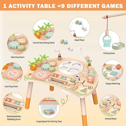 Activity Table for 1+ Year Old, 9-in-1 Montessori Wooden Activity Center with Shape Sorter Fishing Game Bead Maze, Baby Play Table Sensory Educational Toys for Toddler (Natural)