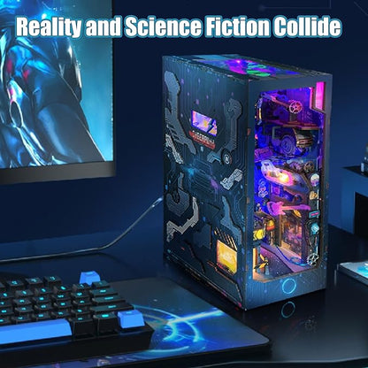 Cyberpunk DIY Book Nook Kit,Tech Miniature House Kit,Bookshelf Booknook Insert Dollhouse,Dust Proof Tiny House Model,3D Wooden Puzzle with Cool Lights,Easter Halloween Home Decor,Family Birthday Gifts