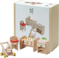 PlanToys Nursery - Wooden Dollhouse Accessories Featuring Baby Figure, Stroller, and Furniture Pieces.