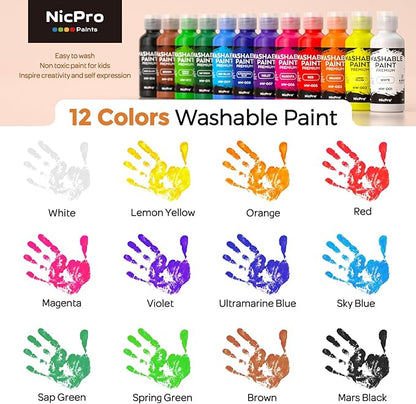 Nicpro 12Colors Washable Paint for Kids(2 oz), Finger Paint Set with Paint Cups and Toddler Paintbrushes, Non Toxic & Mess Free Kids Painting Set for Children Age 1-3 4 5 6+ Preschool Learning Gifts