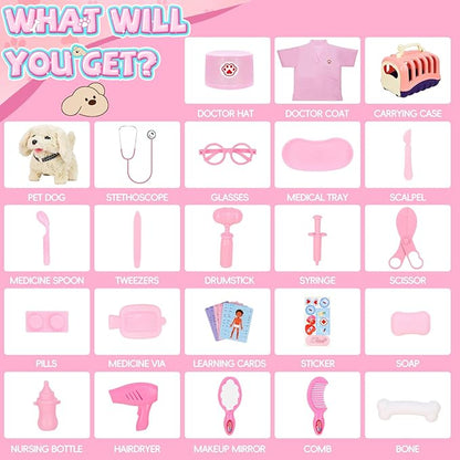 Doctor Kit for Toddlers, 27 Pcs Veterinarian Playset with Walking Dog Toy, Carrying Bag, Stethoscope & Dress Up Costume, Pretend Play Vet Toy for Girls Christmas Birthday Gift Ages 3-6