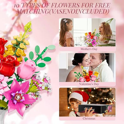 Utbttor Flowers Bouquet Building Set - Roses Flowers Set for Adults, 765 PCS Botanical Collection Building Block Toy, Home Decor Ornaments,Gifts for Anniversaries/Birthday, for Women and Kids 6+