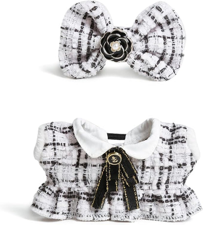 17cm Doll Clothes for Labubu - Luxury Chic Style Set for 17cm Dolls Outfit - Accessories for Dolls Clothes -White Plaid Tweed Dress + Black Necktie + White Bow (No Doll)
