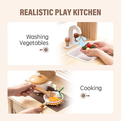 ROBOTIME Wooden Play Kitchen Set, Play Kitchen Set for Kids with Realistic Design, Kids & Toddlers Kitchen Playset with Dishwasher, Toy Kitchen Set for Boys and Girls Ages 3+ (Brown)