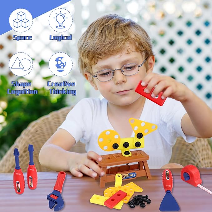 Kids Tool Set, MAGIC4U 49PCS Toddler Tool Set with Electronic Toy Drill,Tape Measure 12 Tool Equipment,Pretend Play Construction Costume with Safety Vest Hat,Toy Tool Box for Kids Boy Girl Age 3-8
