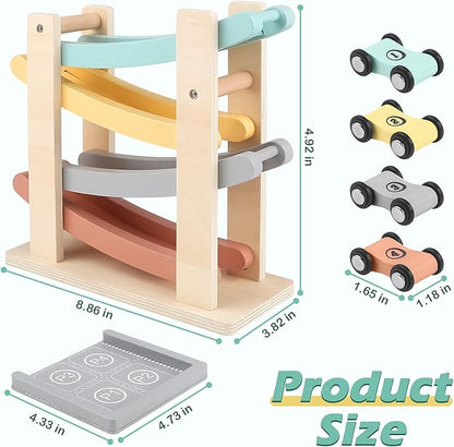 Car Ramp Toys for One Year Old Boy Birthday Gifts, Wooden Montessori Toys for 1 2 Year Old, Race Track Truck Toy with 4 Mini Cars/1 Parking Lot, First Christmas Birthday Gifts for Toddlers 1-3-2-4