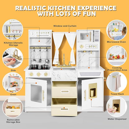 JOYLDIAS Play Kitchen, Wooden Kids Play Kitchen Playset Chef Pretend Play Set for Toddlers w/Ice Cube Dispenser, Oven, Cooking Accessories,Trendy Home Style w/Curtains, Storange Box, Gift for Ages 3+