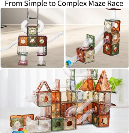80 PCs Marble Run Maze Race Track Magnetic Tiles Magnet Building Block Educational Construction Toy Playset STEM Learning Kit Child Brain Development