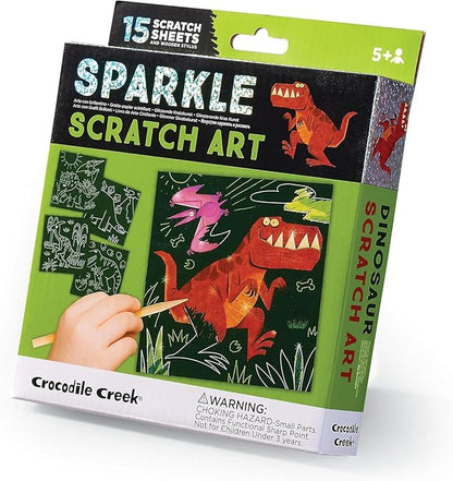 Crocodile Creek Dinosaurs Sparkle Scratch Art for Kids - 16-Sheet Scratch Art Set with 10 Themed Sheets, 5 Blank Sheets, Stencil, and Stylus - Thoughtful Stocking Stuffer, Gifts, Art Supplies for Kids