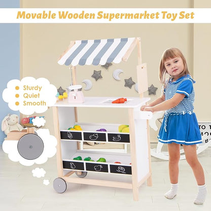 Costzon Kids Pretend Play Grocery Store, Wooden Ice Cream Cart Toy Set for Kids with Ice Cream Making Counter, Scale, Bell, Display Shelves, Blackboard, Canopy, Wheels, Gift for Toddlers (White)