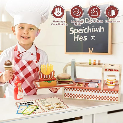 Lehoo Castle Wooden Play Food Sets, Play Hamburger Counter Shop, Toy Food for Toddlers, Play Food Sets for Kids Kitchen, Fake Food Pretend Play for Toddlers 3-5