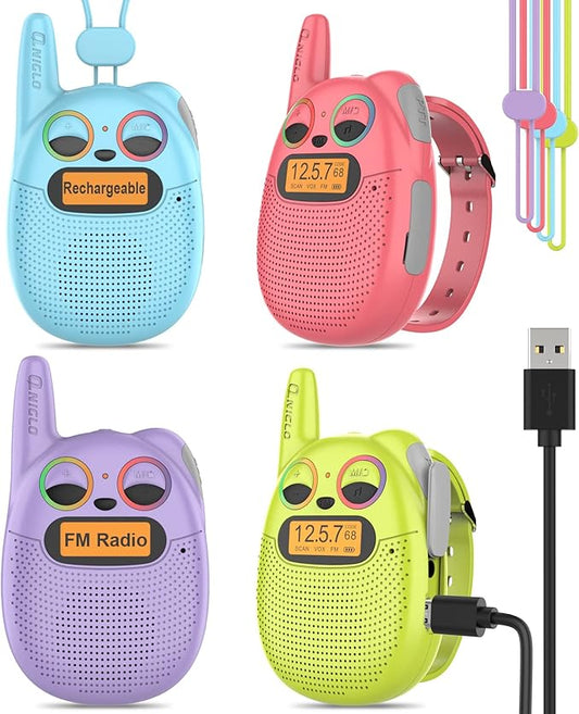 Qniglo Walkie Talkies for Kids Rechargeable 4 Pack, Kids Toys for 3-14 Year Old Girls Gifts Walkie Talkies for Outdoor Camping Games Christmas Birthday for 5 6 7 8 9 10 Year Old Boys Toddlers