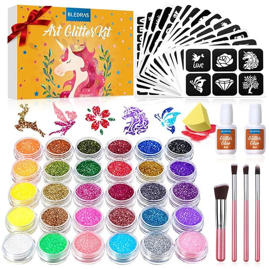 Glitter Tattoo Kit, Bledras 30 Colors Temporary Tattoo Set for Girls, 147 Stencils, 4 Brushes, 2 Glue, Glitter Tattoos for Kids or Adults, for Girls Boys, Carnival Birthday Festival Party
