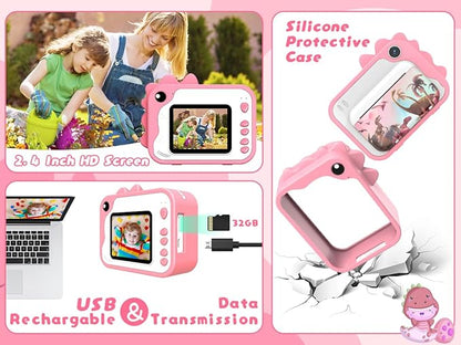 Kids Camera Instant Print, Dinosaur Instant Print Camera for Kids with 1080P Video, 32GB SD Card, 240 Photos, Christmas Birthday Gifts for Boys Girls Ages 3-12 (Pink)