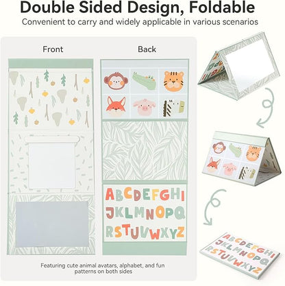 Foldable Tummy Time Play Set (Sturdy Cardboard), Large Baby Safe Mirror and Card Display Stand with 80 Pages High Contrast Cards, Alphabet and Animal Cognition
