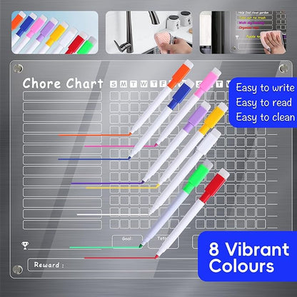 Acrylic Magnetic Chore Chart for Kids Multiple Kids，15"x11.8" Clear Dry Erase Reward Chart -Behavior and Responsibility Refrigerator Board for at Home Kids, Teens(w/ 8 Markers & Towel)