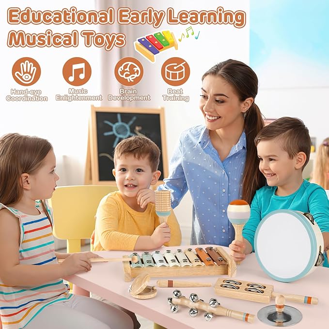 Toddler Musical Instruments, Joyreal Baby Musical Instruments Montessori Wooden Toys for Toddlers 3, Neutral Colors Percussion Instruments Set, Aesthetic Modern Boho Xylophone for Kids Playroom Gifts