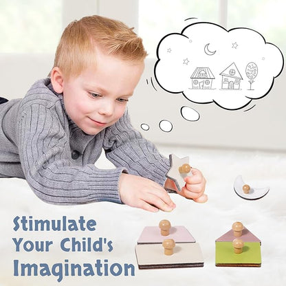 Montessori Toy for Babies 18-24 Months Wooden Shape Puzzles for Toddlers 1-3,Shape Peg Puzzles,Baby Puzzle 18-24 Months with Knob,Color & Shape Sorter for Toddlers(16 Geometric Shapes)