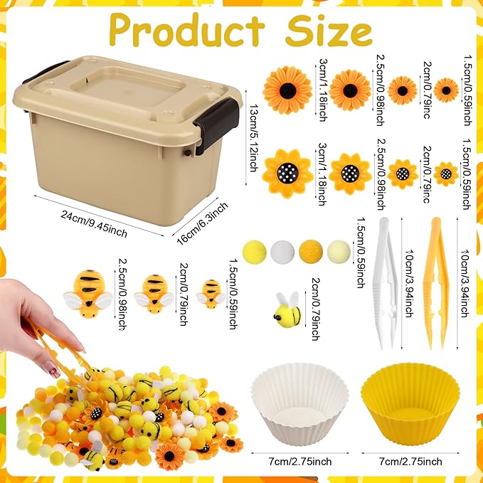 303Pcs Bee Sensory Bin Filler Fine Motor Toys Sunflower Counting Sorting 200 Felt Pompoms 40 Sunflowers 50 bees 6 Tweezers 6 Silicone Plates 1Storage Box for Counting Sorting DIY Crafts(Bee Sunflower)