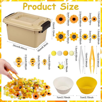 303Pcs Bee Sensory Bin Filler Fine Motor Toys Sunflower Counting Sorting 200 Felt Pompoms 40 Sunflowers 50 bees 6 Tweezers 6 Silicone Plates 1Storage Box for Counting Sorting DIY Crafts(Bee Sunflower)