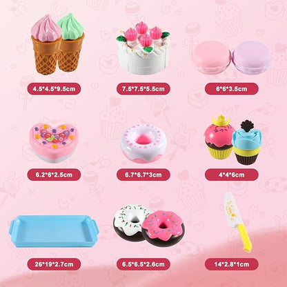 15 PCS Pretend Play Food Set - Play Food for Kids Kitchen - Pretend Cutting Play Desserts Cake Ice Cream and Donuts Food Toys - Birthday Gifts Set Toy for Boys, Girls, Kids, Toddler