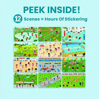 CUPKIN Sticker Book for Kids 2-4, 500+ Kids Stickers, All Kinds of Sports 12 Coloring Pages 12 Side by Side Scenes Fun Toddler Travel Activity Coloring and Sticker Books for Ages 4-8 + 8-10