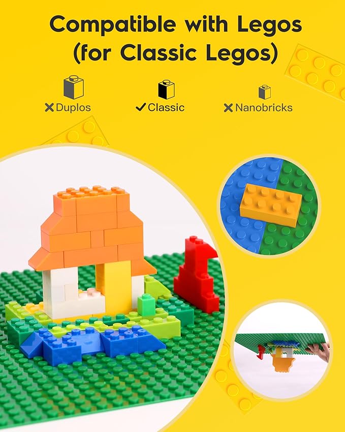 Classic Baseplates Building Plates-Pack of 10 Large 10" x 10" Building Bricks,Compatible with All Major Brands,Perfect STEM Gift for Builders Age 3+ (Green)