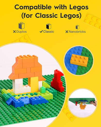 Classic Baseplates Building Plates-Pack of 10 Large 10" x 10" Building Bricks,Compatible with All Major Brands,Perfect STEM Gift for Builders Age 3+ (Green)