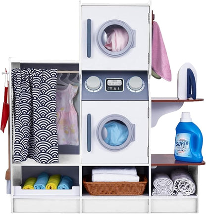 Lil’ Jumbl Kids Washer and Dryer Playset, Wooden Children's Pretend Laundry Set, Includes Broom, Dustpan, Iron, Hangers & Basket, Realistic Laundry Room for Kids - White