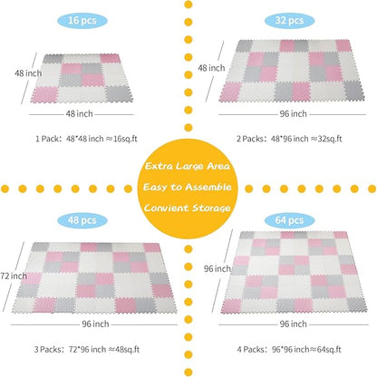 Foam Play Mat for Baby, 0.4 Inch Thick Foam Interlocking Floor Mats, Soft Non-Toxic Baby Playmat, Solid Colored Puzzle Play Mat Kids Floor Mats for Toddler, 16 Tiles(White/Light Gray/Pink)