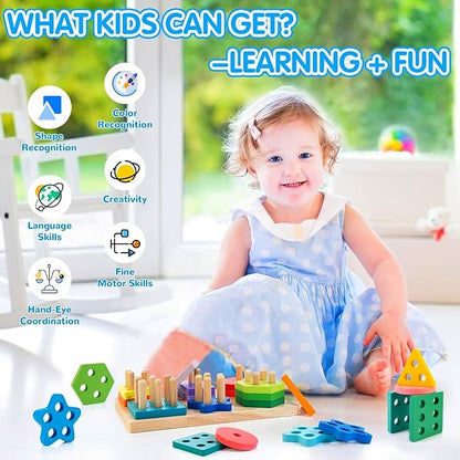 Shape Sorters for Toddlers 1-3 with 24-Piece Large Blocks & 12 Word Cards, Montessori Sensory Developmental Toy for Baby 12mo+, Wooden Stacking Puzzle Toy for 2-4 Year Old Kid Boy & Girl Birthday Gift