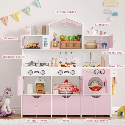 Keyluv Wooden Play Kitchen for Kids and Toddler, Montessori Toy Kitchen Playset with Plenty of Pretend Play Features and Storage Drawers, Gift for Boys and Girls, Pink